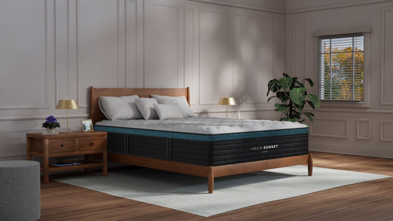 Helix Sunset Luxe mattress on a wood bed frame in a bright bedroom