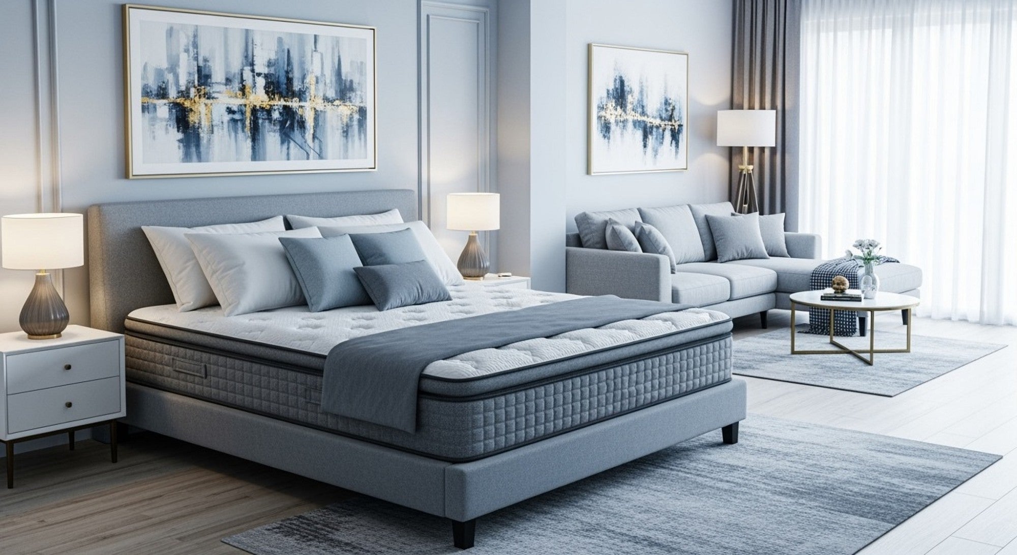 Gray upholstered bed and pillow-top mattress in a bright bedroom